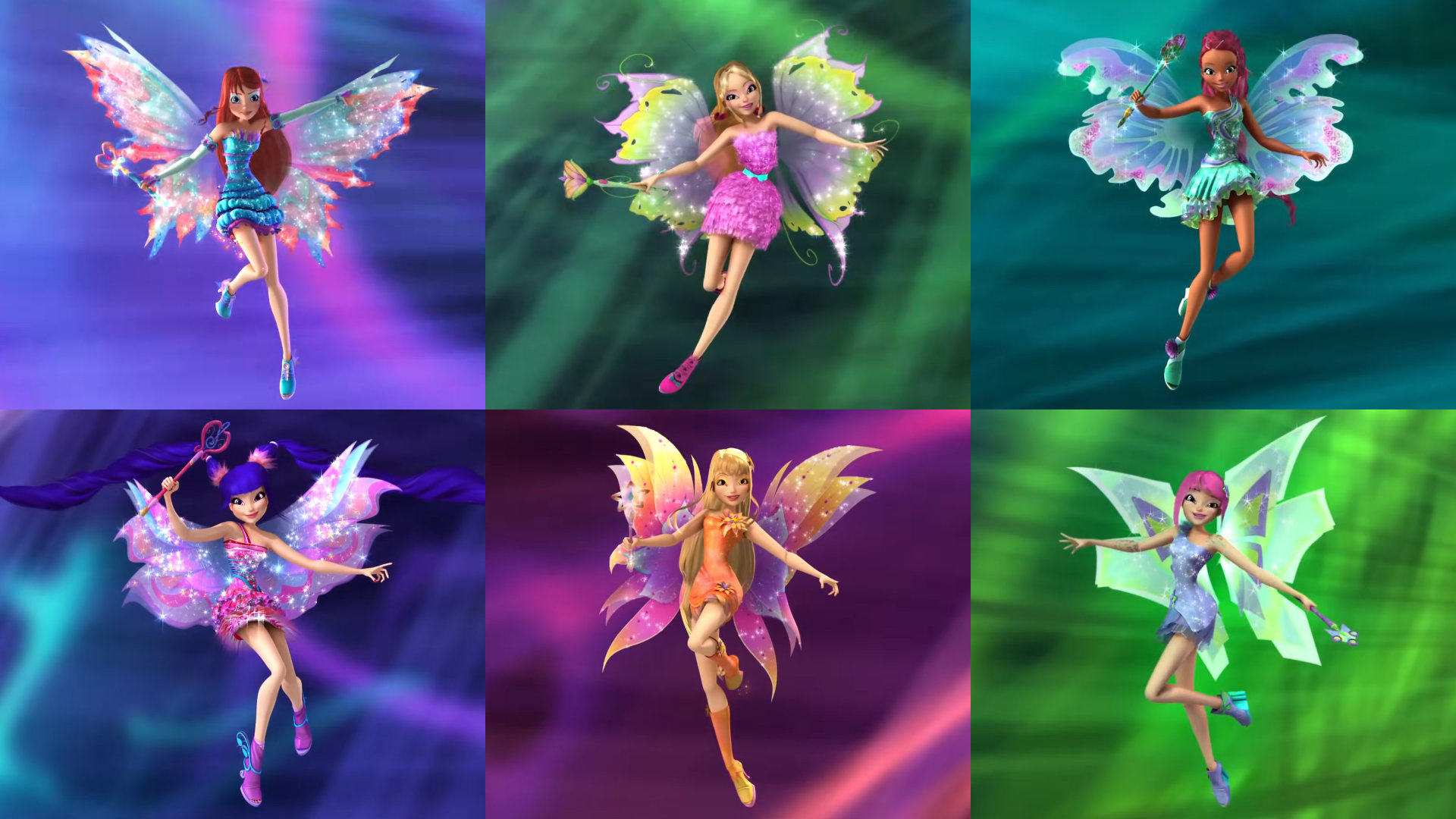 A collage of the Winx fairies' Mythix transformation looks