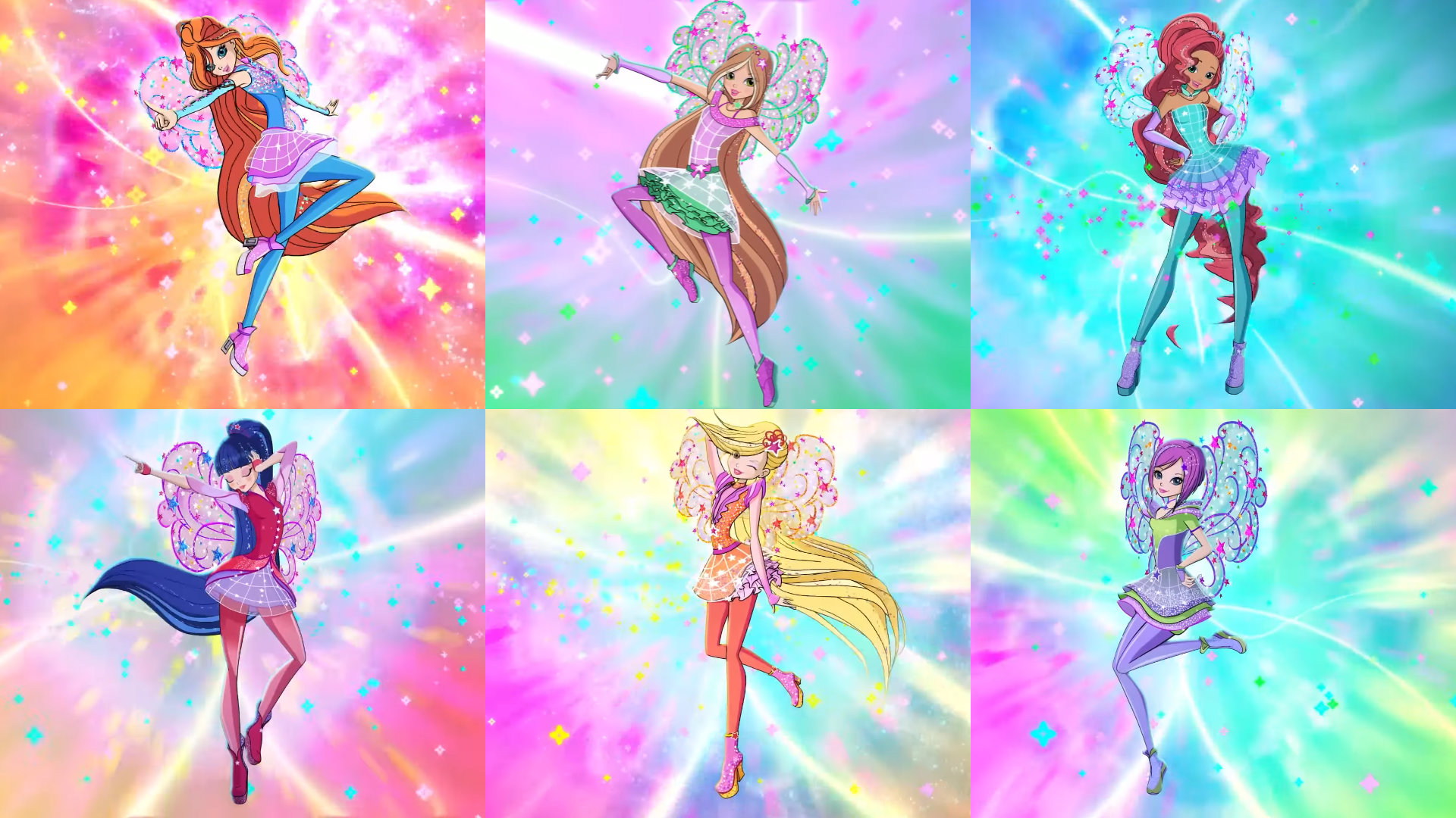 A collage of the Winx fairies' Cosmix transformation looks