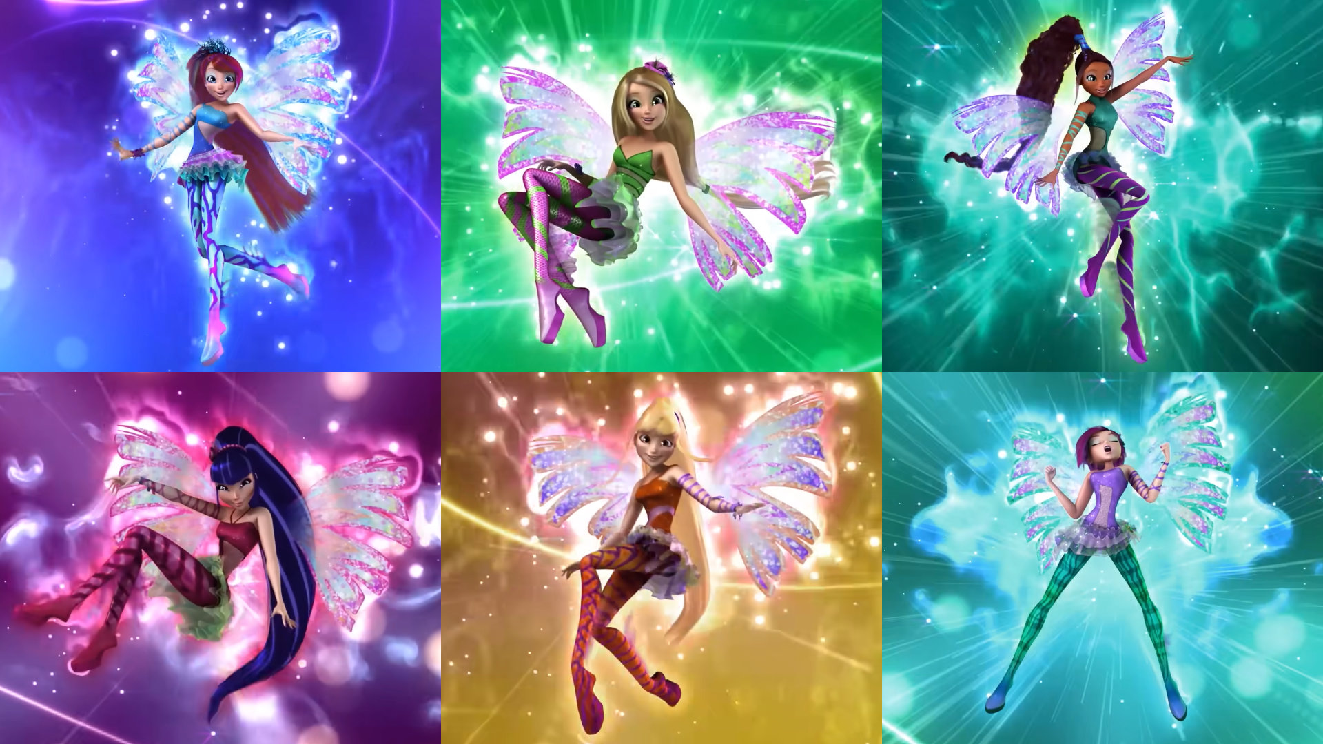 A collage of the Winx fairies' Sirenix transformation looks in 3D