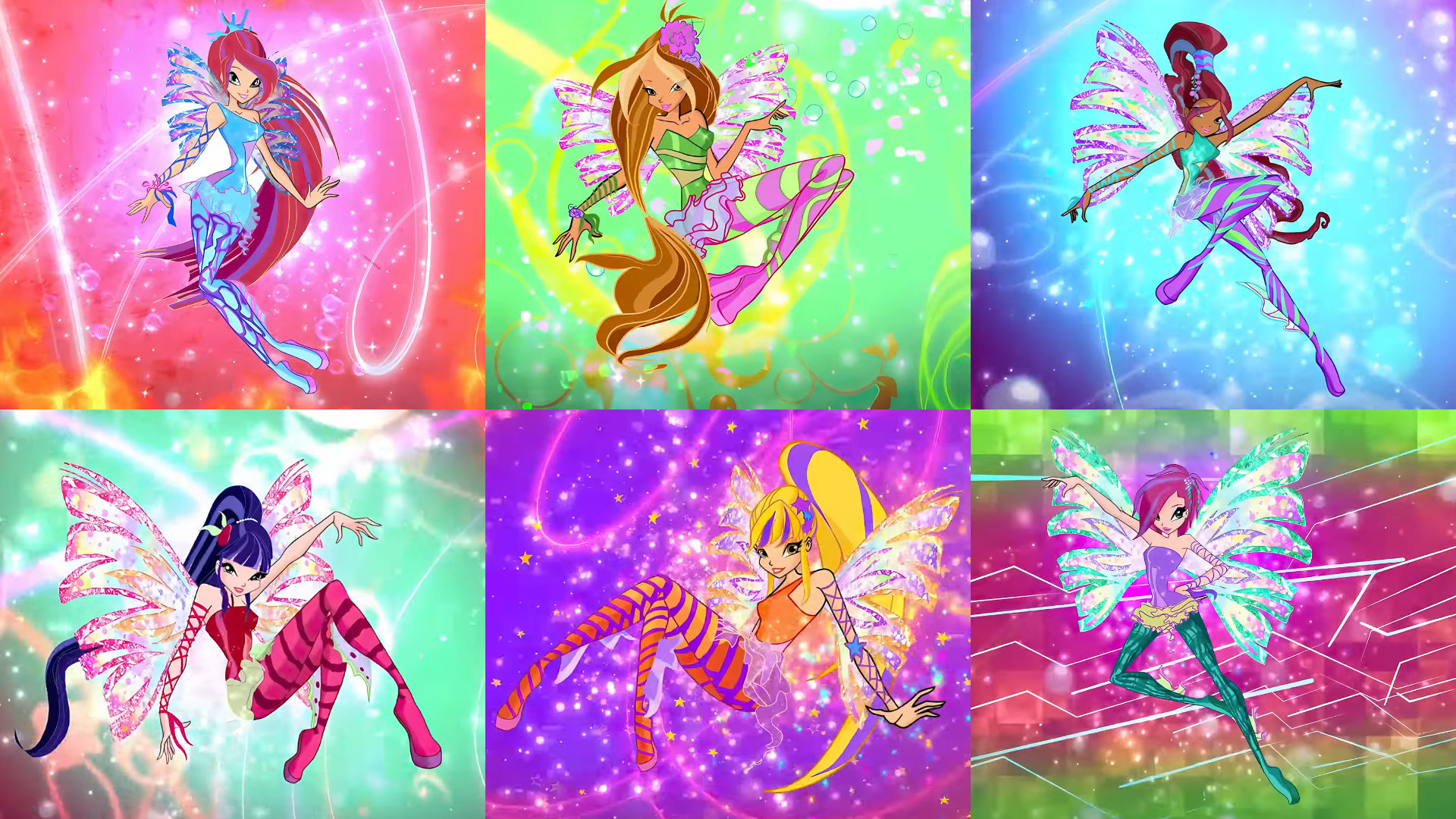 A collage of the Winx fairies' Sirenix transformation looks in 2D