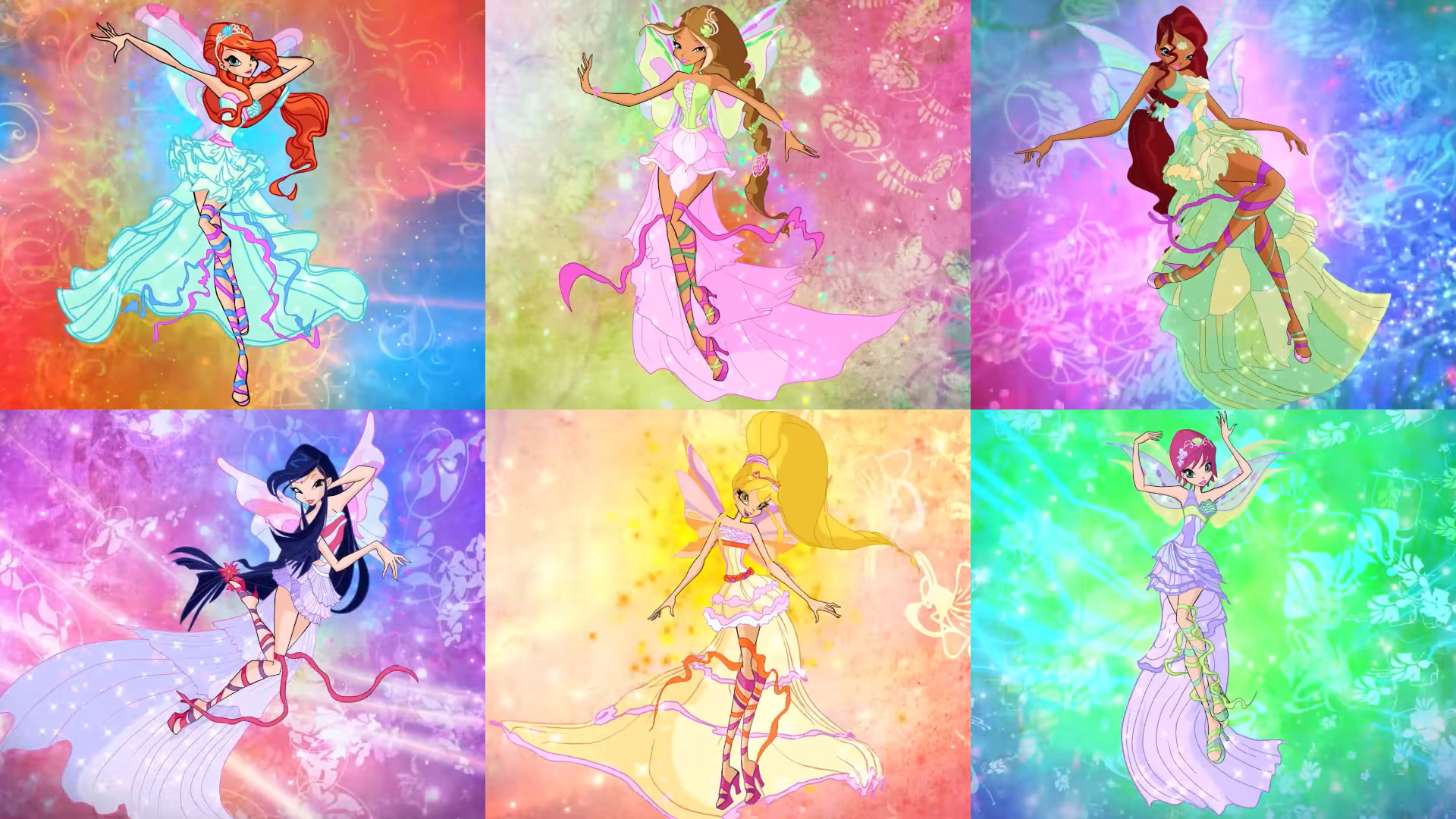 A collage of the Winx fairies' Harmonix transformation looks