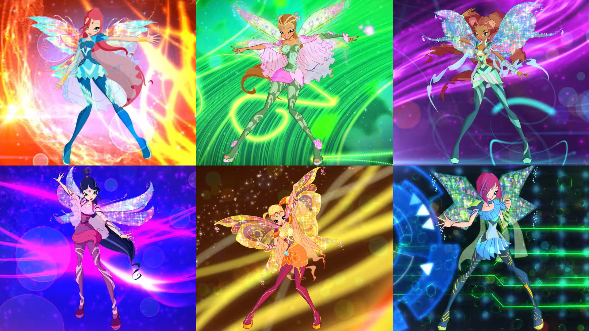 A collage of the Winx fairies' Bloomix transformation looks