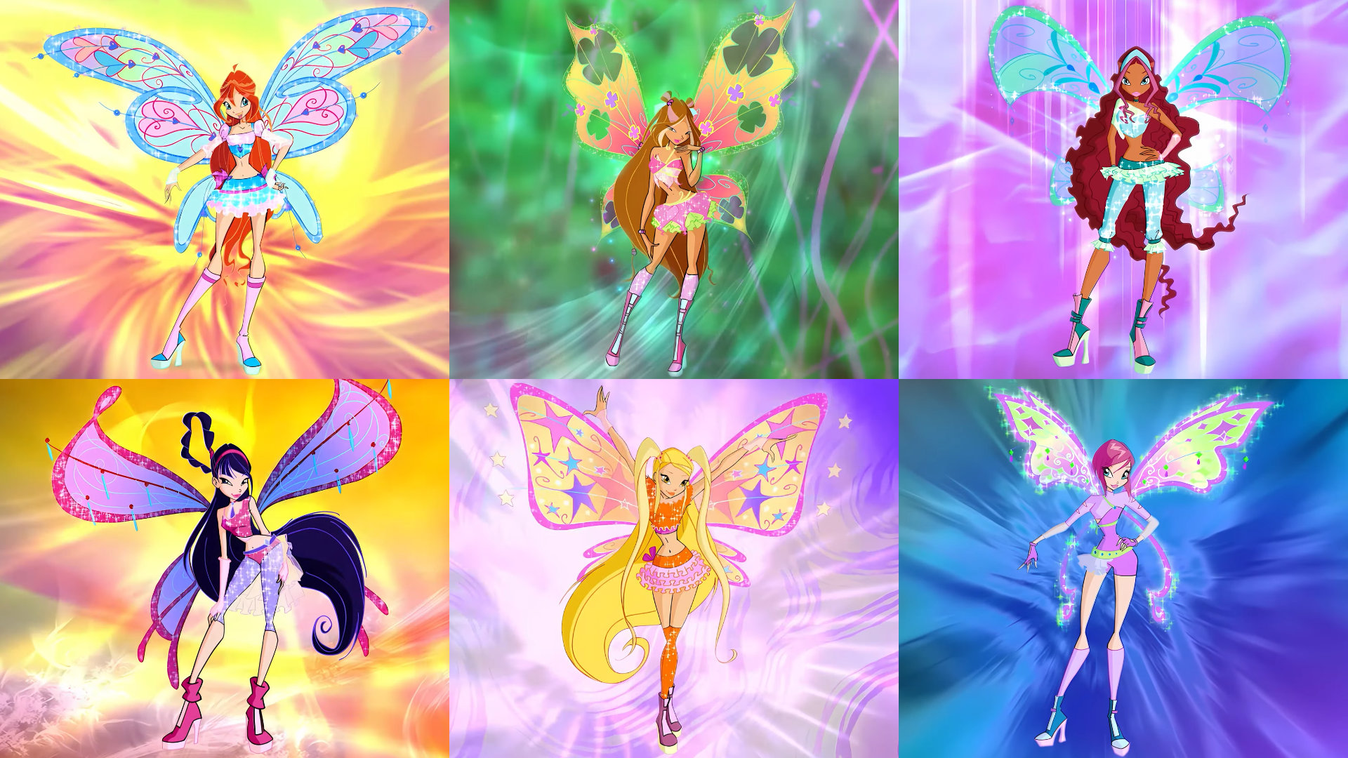 A collage of the Winx fairies' Believix transformation looks