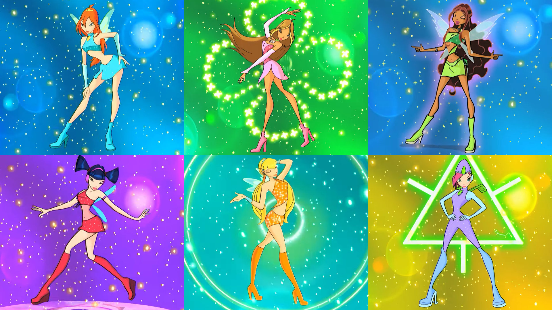 A collage of the Winx fairies' Magic Winx transformation looks