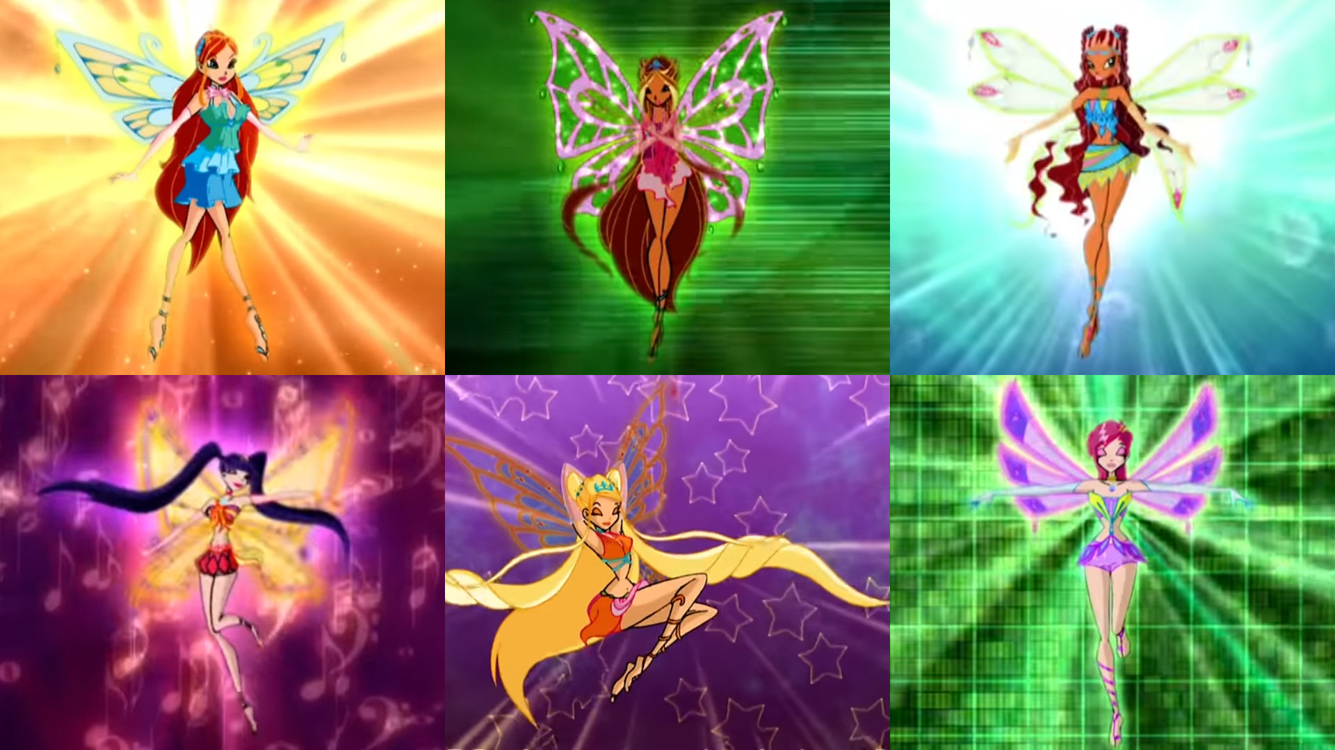 A collage of the Winx fairies' Enchantix transformation looks