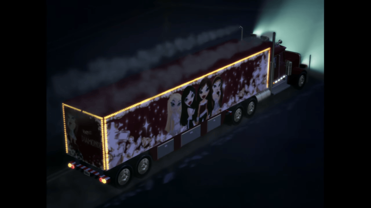 An image of a red truck at night with the drawings of Cloe, Jade, Sasha, and Yasmine on it.