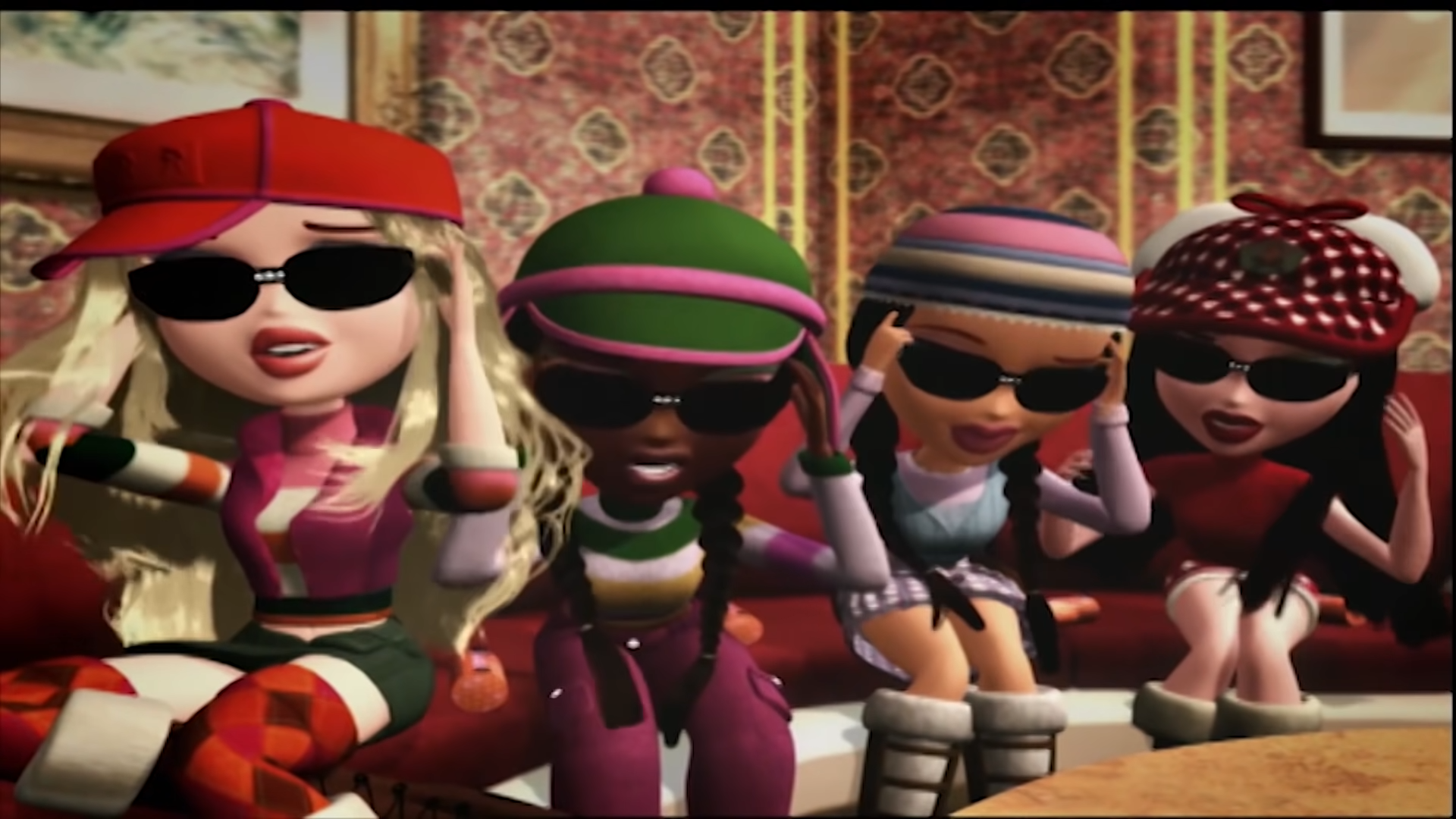 An image of Cloe, Sasha, Yasmine, and Jade, sitting on a couch while putting on the sunglasses which allow them to view the hidden messages left by the concealer.