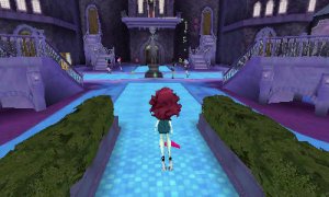 A photograph showing the player in the foyer of the school, just after they enter from the courtyard. To their left and right are potted hedges. The floor of the foyer mostly has blue tiles, along with some light-purple ones, and dark-purple rugs under the staircases. The left and right sides of the room are almost mirroring each other. To the sides of the player are two light-purple staircases. In the center of the room is a statue of Headmistress Bloodgood. In the center behind the statue is a door and a balcony above it with a window of her office. To either side of the balcony and door are light-purple staircases which lead two a wooden door each. The room is filled with groups of students chatting.
