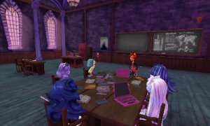 A photograph showing the Student Council members sitting around a few desks that are pushed together in an empty classroom. At the head of the makeshift table is the player, turned away from the camera. To their right is Abby, then Spectra. To the player's lrft is Catrine DeMew, and then Lagoona. Torelai is standing at the head of the table opposite the player. On the desk are two laptops and various books and writing utensils.