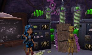 A photograph of Robecca Steam standing next to the robot that the player and the Robotic's club have just finished building. They are standing in front of various equipment which resembles that in a lab of a mad scientist.