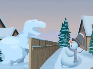 T-Rex made of snow roaring at a frightened snowman across a fence.