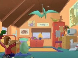 Jason's room. Walls are covered in dinosaur posters, there are dinosaur figurines, triceratops clock, and pterosaur hanging from the ceiling