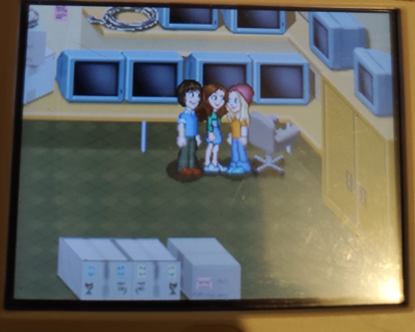 Oliver, Miley, and Lilly shown in their pixel-art form. Oliver has a bob and his nose is huge.