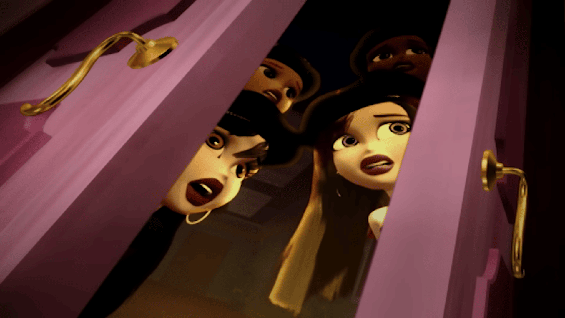 Bratz looking scared, peeking through Burdine's office door. The colour grading is sepia-like.