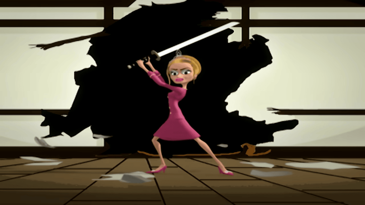 Burdine holding a katana.