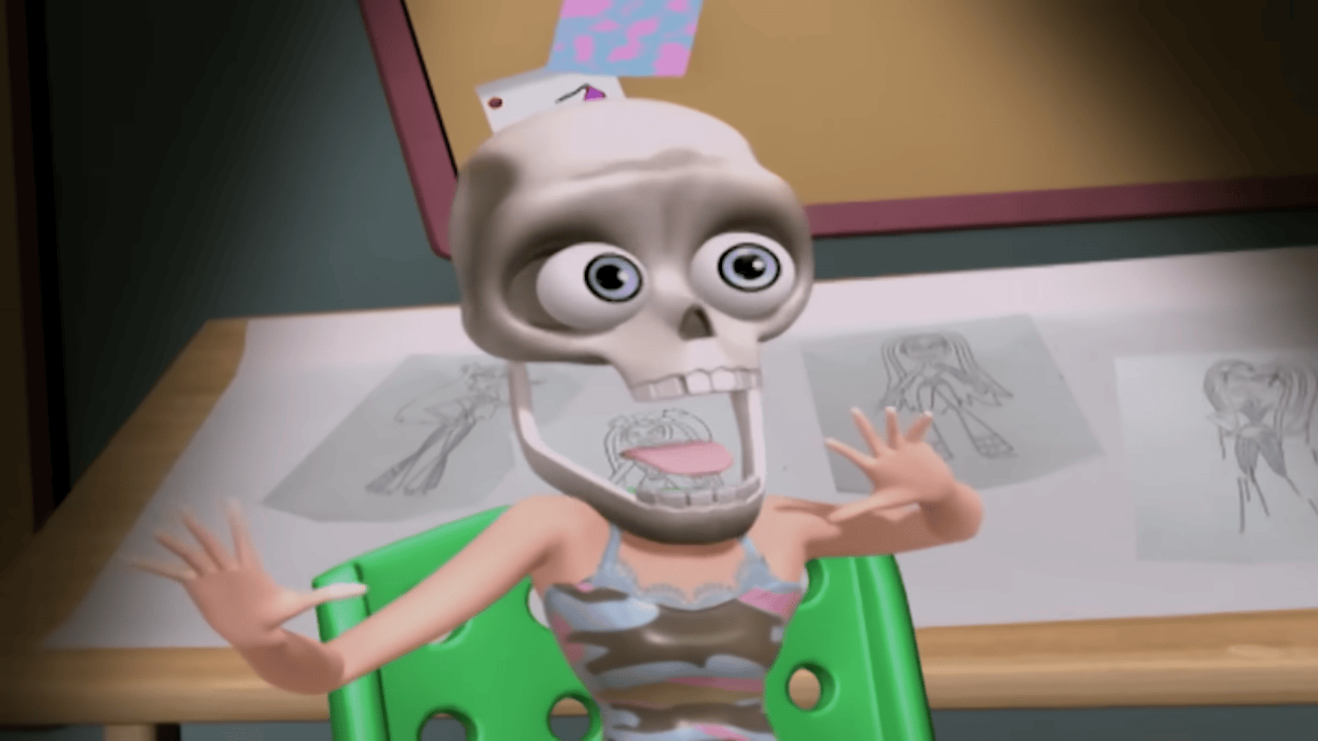 Cloe, screaming. Her head is a skull with tongue and eyeballs intact.